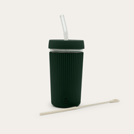 borosilicate juice glass with lid, silicone sleeve, bent glass straw and white straw cleaner
