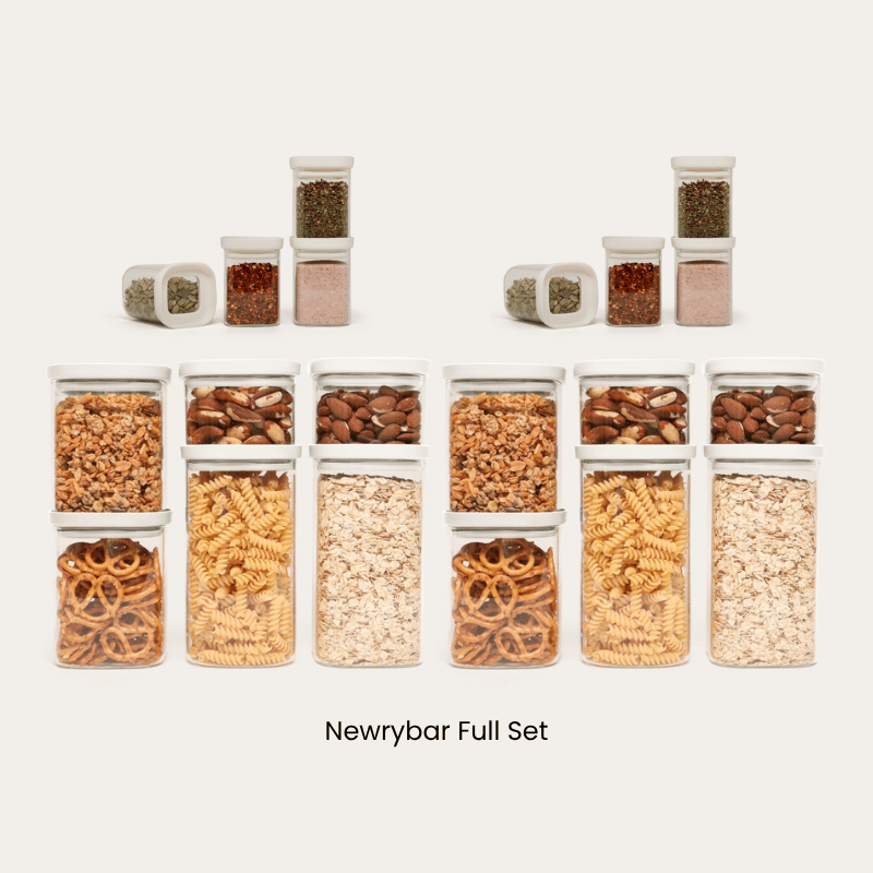 Full Set of Newrybar Square glass pantry jars paired with eight smaller square spice jars.