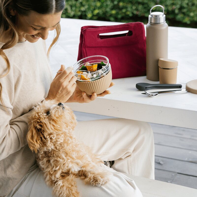 lunchware bowl, insulated bag, drink bottle and reusable coffee up