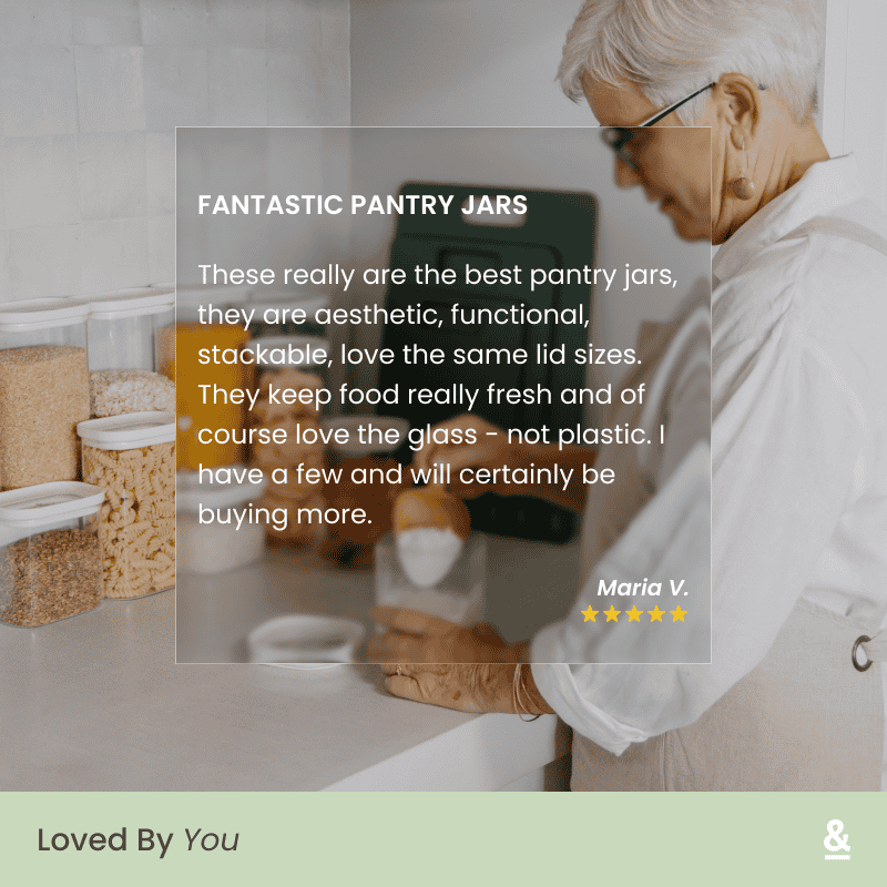 Customer testimonial praising the pantry jars as aesthetic, functional, and effective at keeping food fresh.