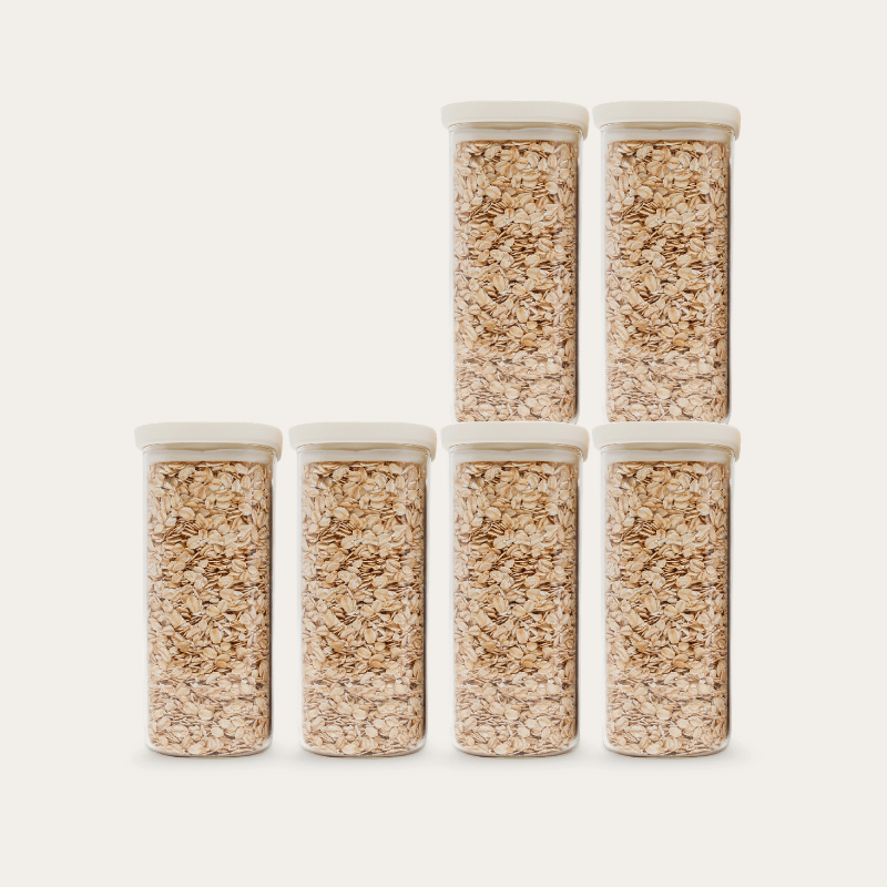 Tallow Rectangle Glass Pantry Jars — set of 6, 1250ml, filled with oats, front view