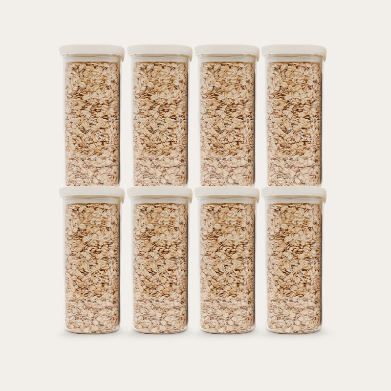 Tallow Rectangle Glass Pantry Jars — set of 8, 1250ml, filled with oats, front view