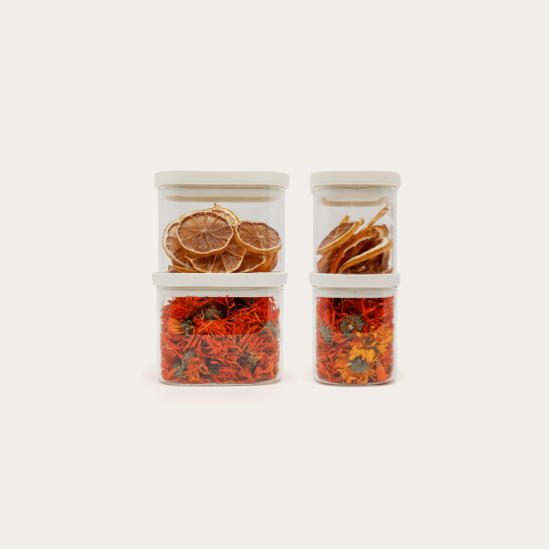 Tallow Rectangle Glass Pantry Jars — set of 4, 500ml, filled with dried foods, front view