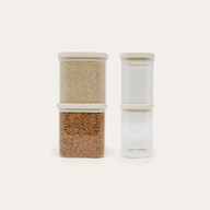 Tallow Rectangle Glass Pantry Jars — set of 4, 750ml, two filled with grains and two empty, front view