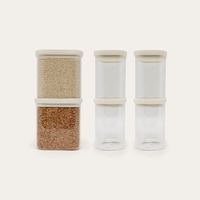 Tallow Rectangle Glass Pantry Jars — set of 4, 750ml, two filled with grains and four empty, front view