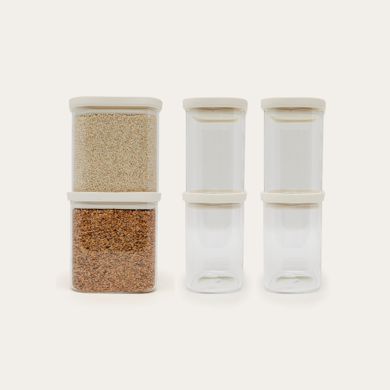 Tallow Rectangle Glass Pantry Jars — set of 4, 750ml, two filled with grains and four empty, front view