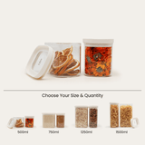 Tallow Rectangle Glass Pantry Jars set showing four sizes — 500ml, 750ml, 1250ml, and 1500ml — with glass lids, silicone seals, and nesting stacking design, displayed on a neutral background with dried foods inside